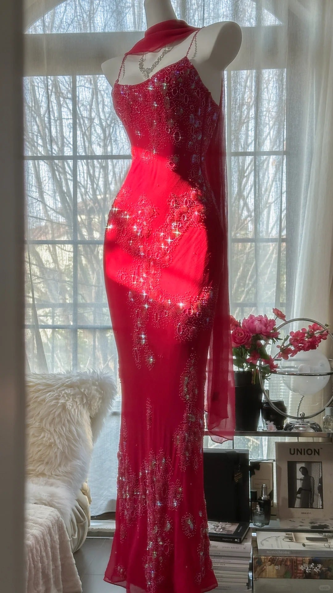 Red Romantic Gorgeous Fashion Elegant Exquisite Beaded Long Chiffon Ball Gown Evening Dress Birthday/Wedding Guest/Vacation Party Dress Prom Dress Valentine's Day Date Dress