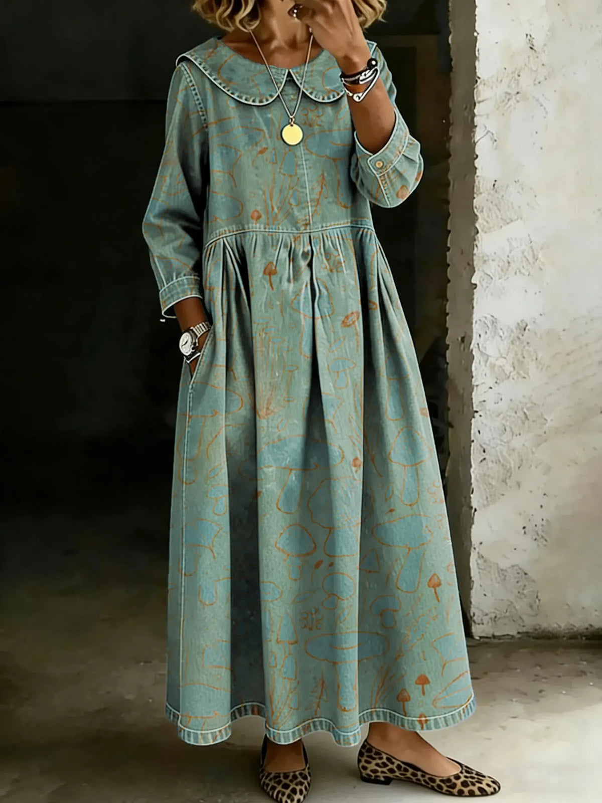 Women's Retro Splicing Long-sleeved Loose-fitting Casual Denim Dress