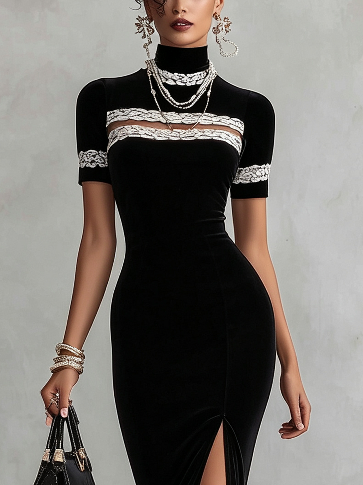 Black Velvet Bodycon Midi Dress With Lace Patchwork And Front Slit