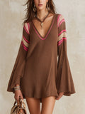 Brown Knit Mini Dress With Flared Sleeves And Pink Stripe Detail