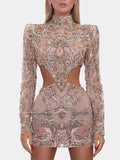 Stand Collar Belly-Hollow Jacquard Long Sleeve Evening Mini Dress