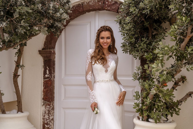Mermaid Lace Wedding Dress, Open Back Wedding Dress, Boho Wedding Dress, White Long Sleeve Wedding Dress, Bridal Gown, A-line Wedding Dress