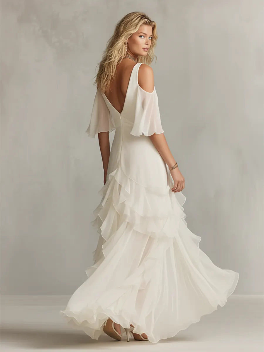 Women's Ivory Chiffon Dress With Twisted Bodice & Cold-Shoulder Sleeves, Timeless Romantic-Elegant Style Dress MDZ2783B3I