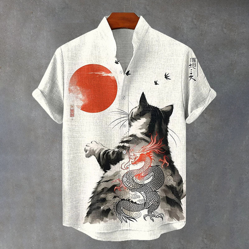 Men's Cat Dragon Japanese Art Print Casual Shirt