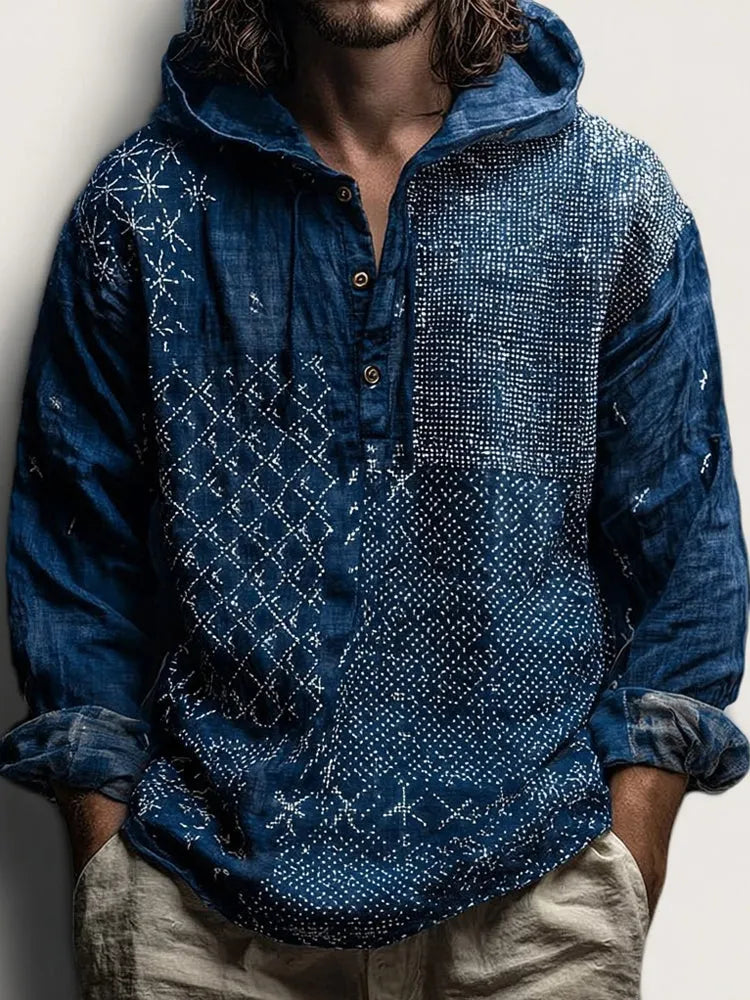 Men's Vintage Japanese Traditional Sashiko Art Linen Hooded Shirt