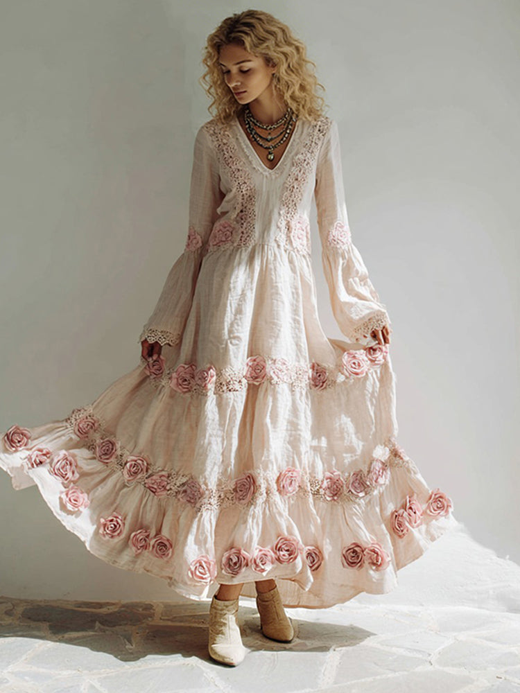 Women's Bohemian Style Rose Patchwork Lace Casual Dress