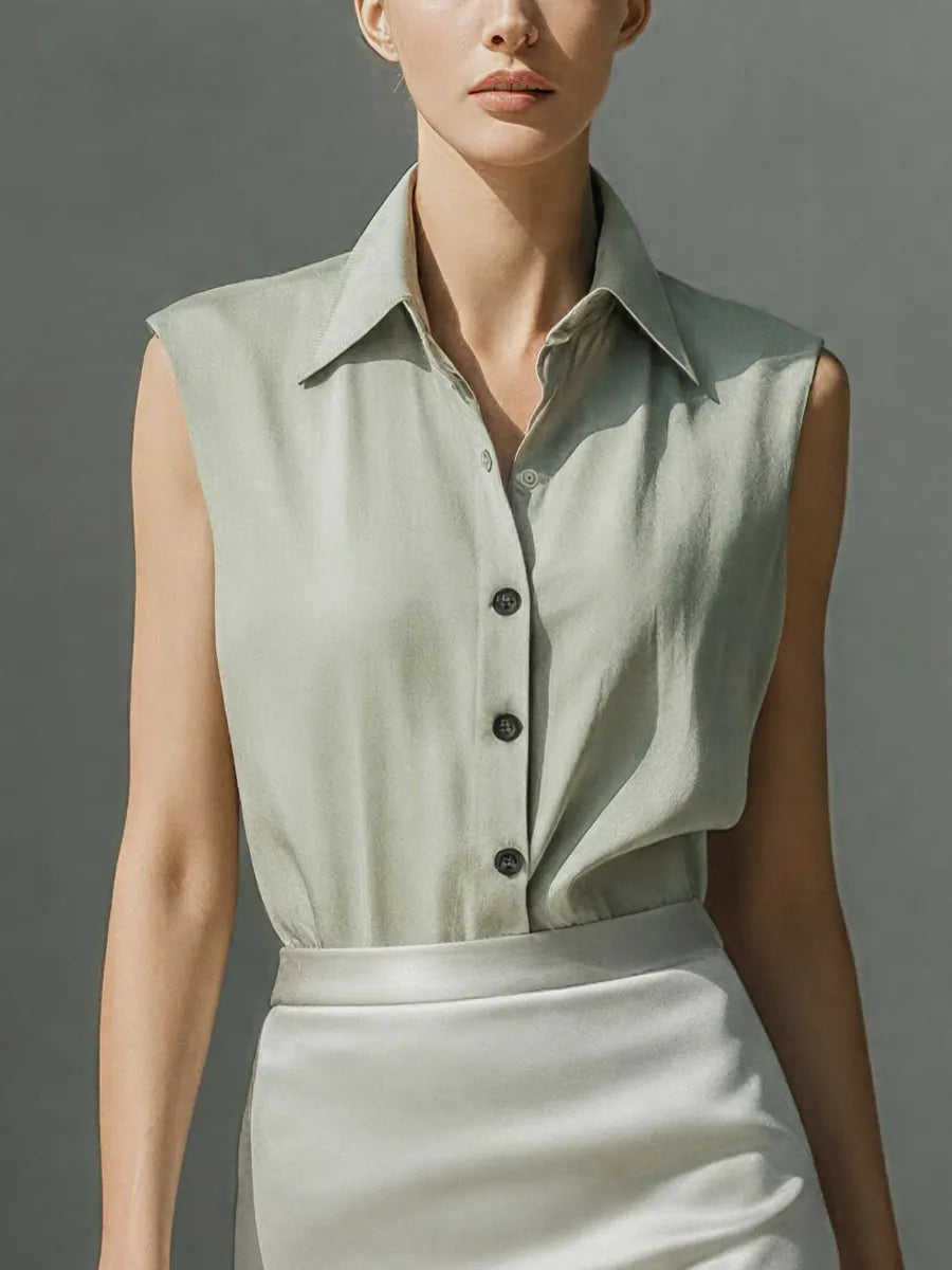 Women’s Sage Green Sleeveless Collared Shirt & Ivory Satin Mermaid Midi Skirt Two-Piece Set MDZ2812D0T