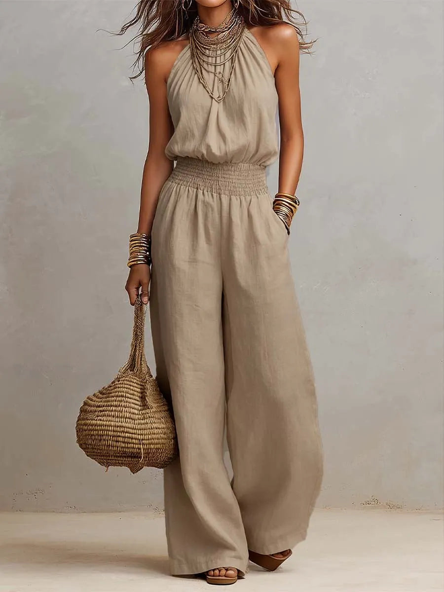 Tan Cotton Linen Halter Neck Smocked Waist Wide Leg Jumpsuit
