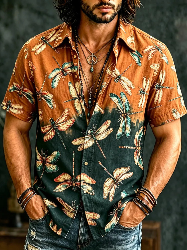 Men's Retro Hippie Dragonfly Pattern Casual Shirt