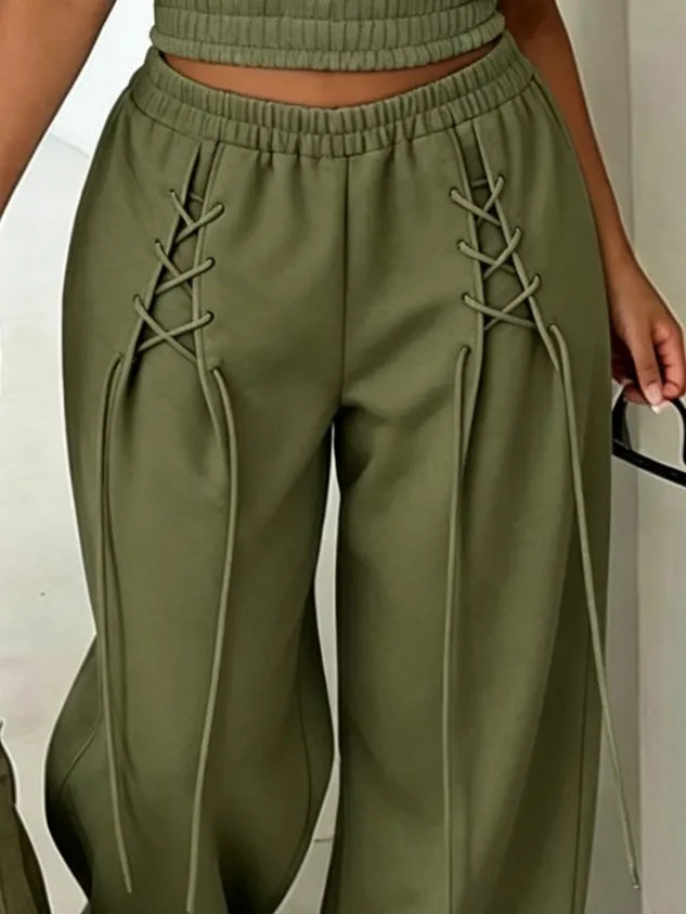 Casual Plain Lace-up Straight Pants