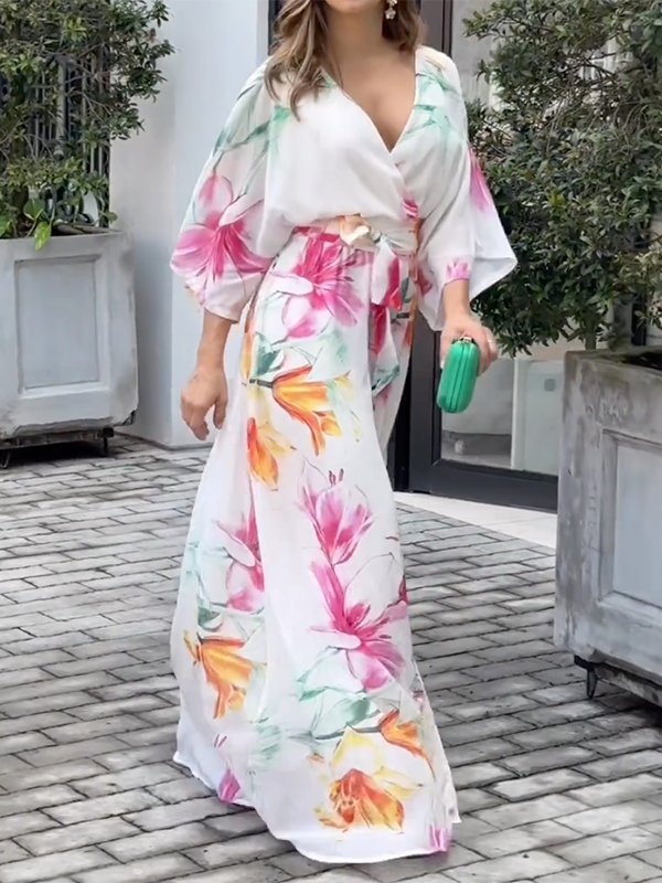 Floral Printed Loose Short Sleeves V-Neck Maxi Dresses
