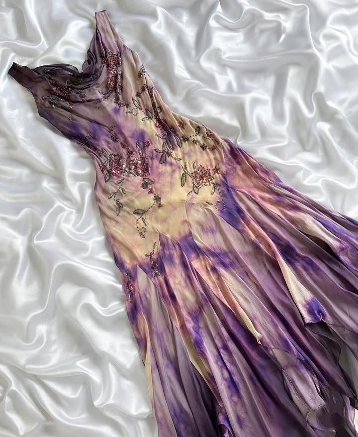 '-Purple Fashion Gradient Exquisite Floral Long Chiffon Weekend Date Party Dress Popular Dress Fairy Dress