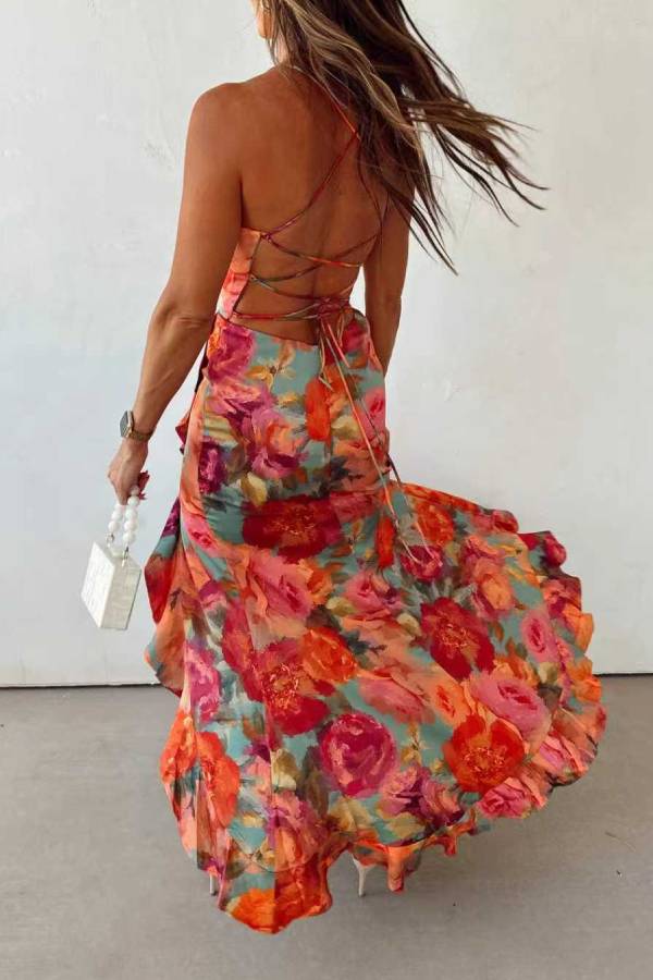 Oil Painting Floral Tie Backless Slit Satin Maxi Dress