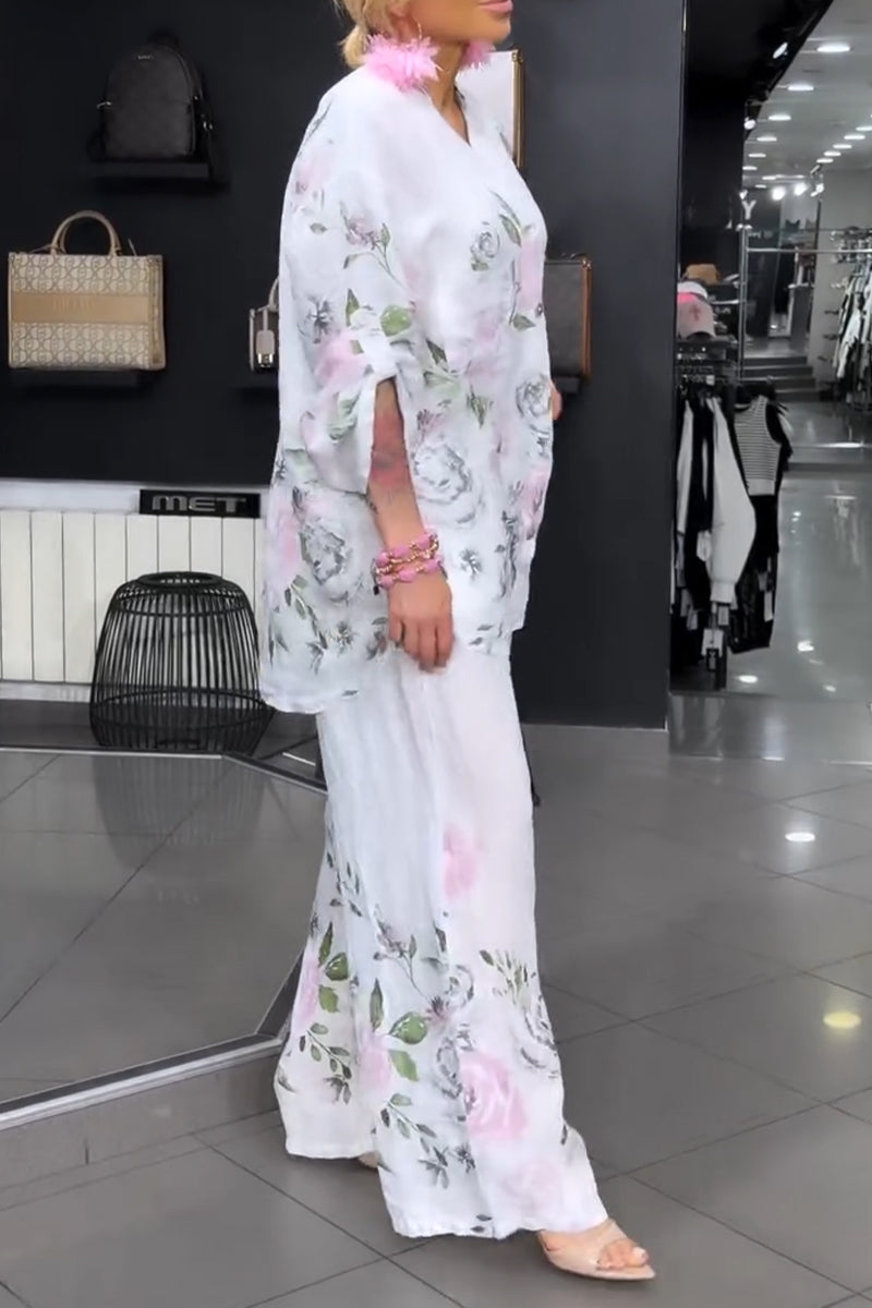 Women V-neck Printed Top+ Wide Leg Pants Loose Casual Cotton and Linen Set