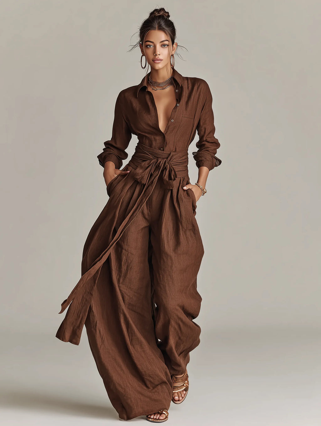 Women's Elegant Brown Woven Cotton-linen Long-sleeved Shirt Collar Jumpsuit With Belt