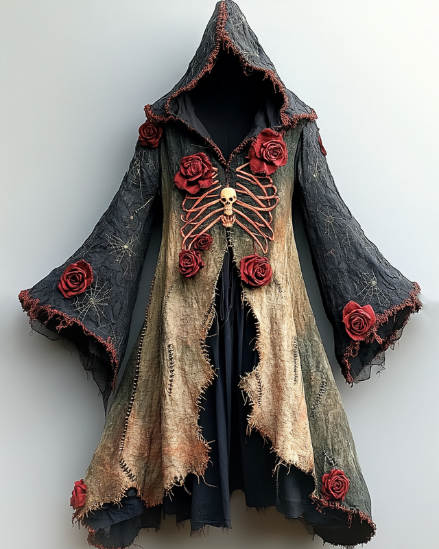Women's Halloween Themed  Irregular Rose Embroidered Gradient Cape 7930