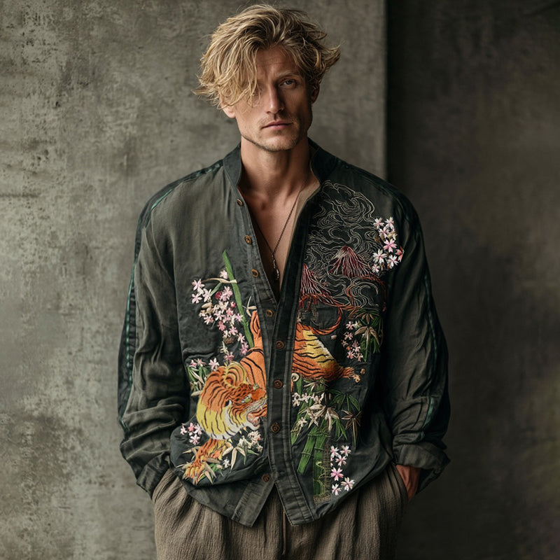 Men's Ukiyo Tiger Cherry Blossom Print Japanese Art Cotton-linen Shirt