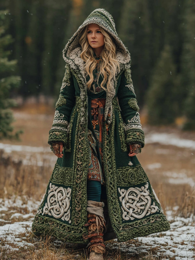Women's Viking Celtic Knot Jacquard Color Block Art Hooded Knit Cardigan