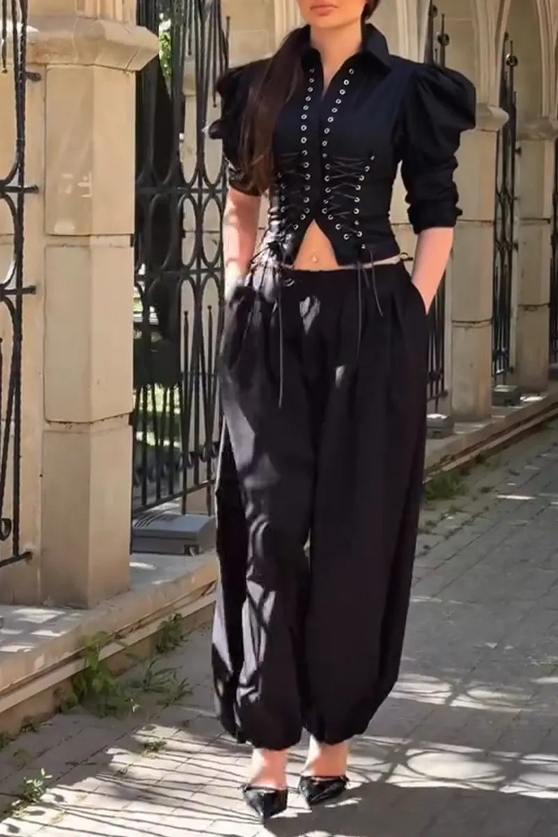 Women's Fashion Gigot Sleeve Tie Front Shirts or Wide Leg Pants