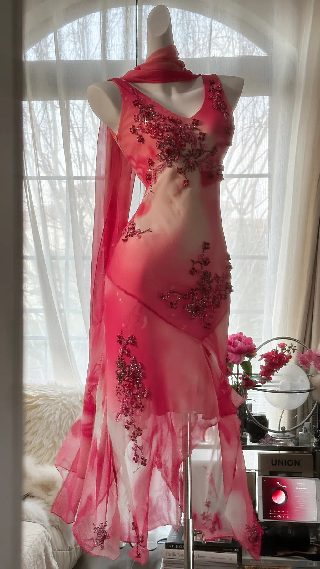 Pink Gorgeous Elegant Romantic Exquisite Beaded Blooming Long Chiffon Ball Gown Evening Dress Birthday/Wedding Guest Party Dress