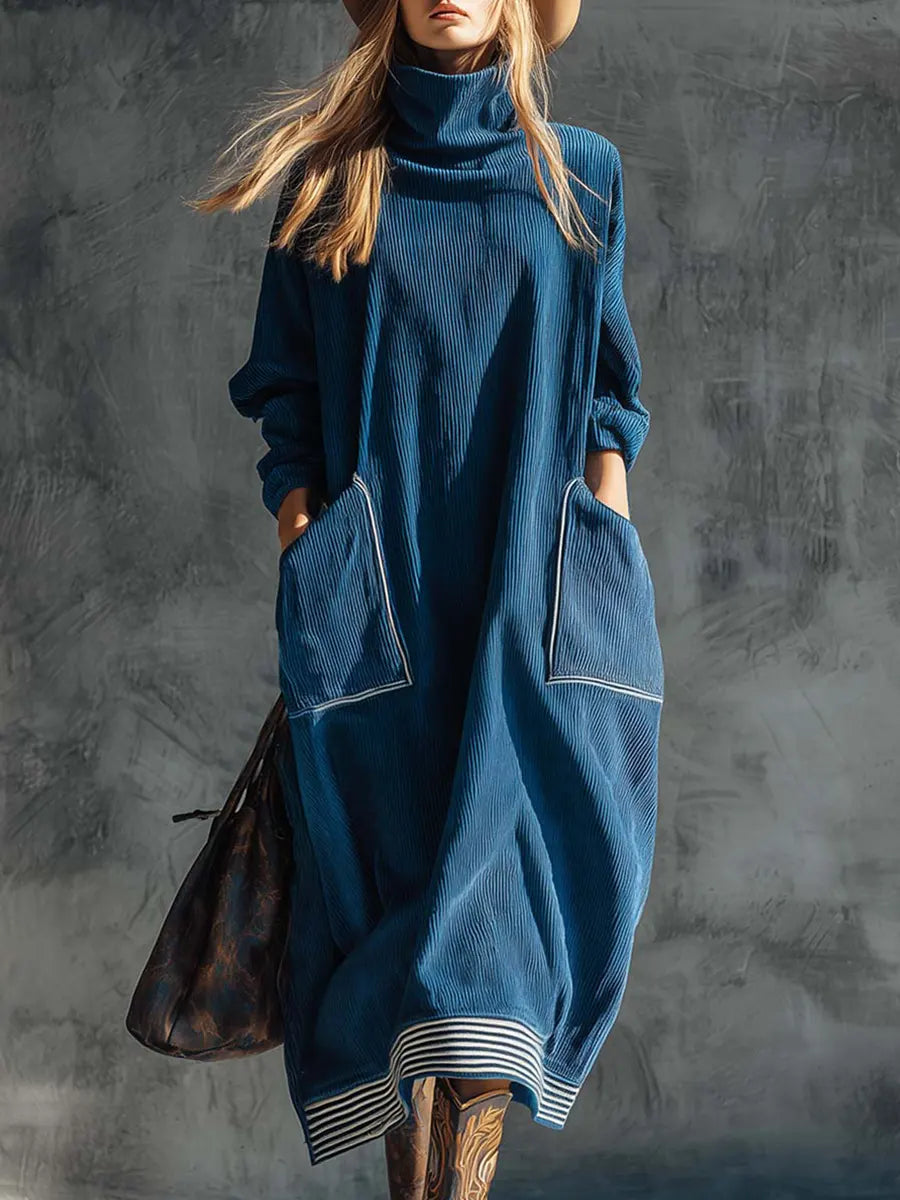 Women's Solid Color High Neck Long Sleeve Casual Loose Pocket Dress