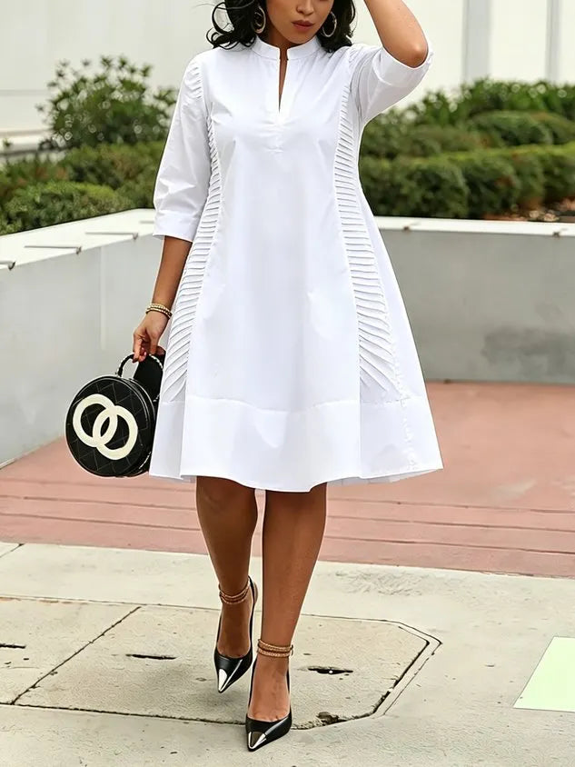 Cotton Casual Plain Stand Collar Midi Dress