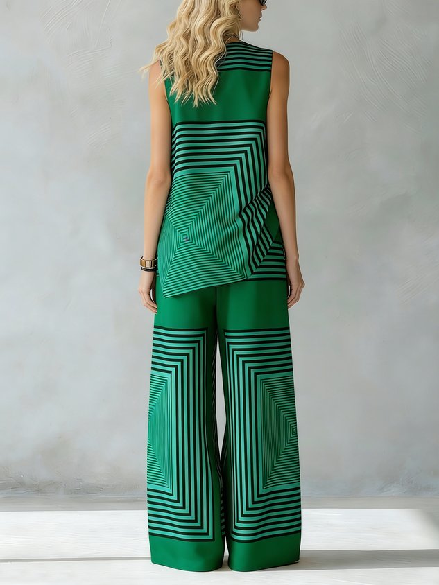 Urban Geometric Stripe Wide Leg Pants High Waist Flowy Office Trousers