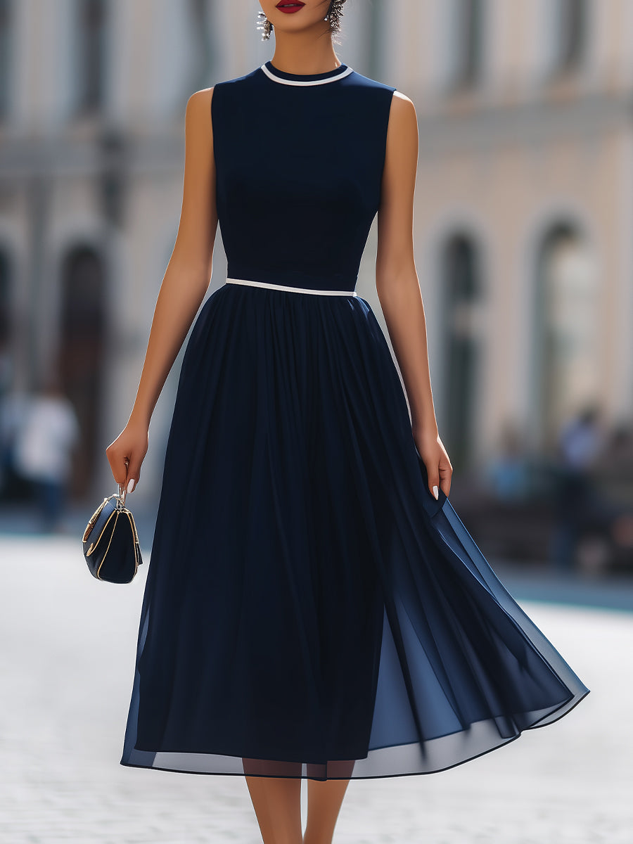 Navy Sleeveless White-Trimmed  Skirt Midi Dress