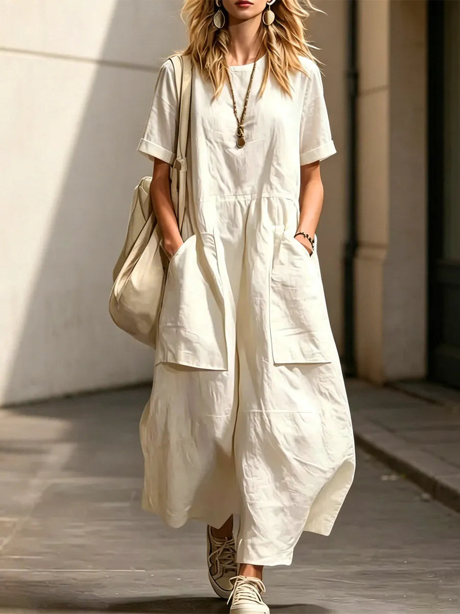 Women's Art Casual Stylish Elegant Short Sleeve Cotton Linen Jumpsuit