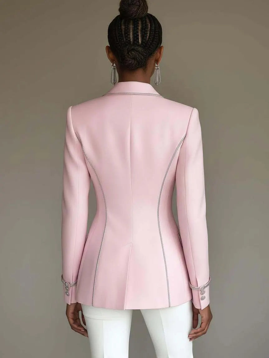 24-Hour-Shipping Pink Blazer With Silver Trim And Double-breasted Buttons