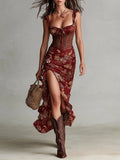 Corset-Style Floral Print High-Slit Maxi Dress
