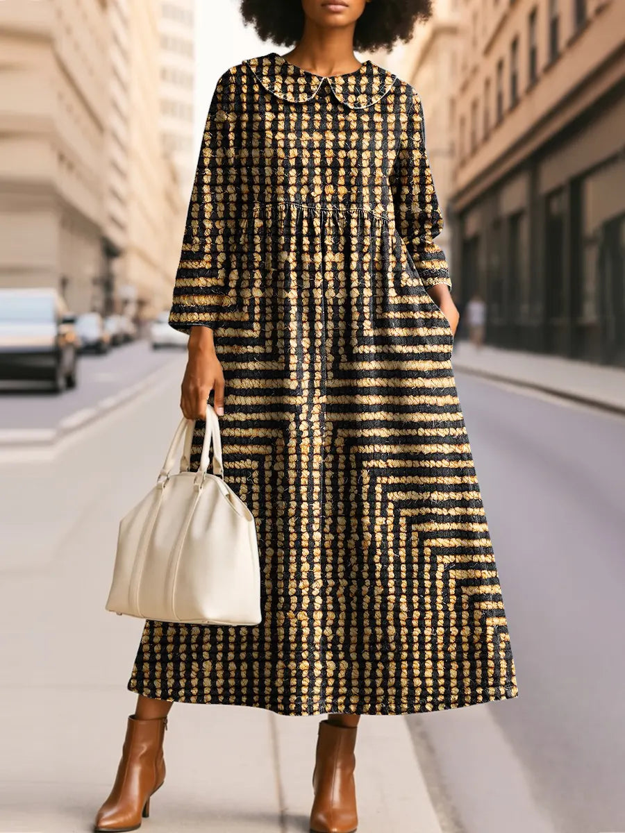 Women's Retro Abstract Striped Art Print Silhouette Peter Pan Collar Maxi Dress
