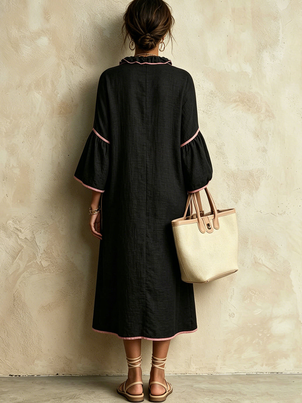 Black Ruffle Trim V-Neck Midi Dress With Pink Piping