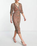 Beaded Sequined Cape Sleeve Slit Midi Dress
