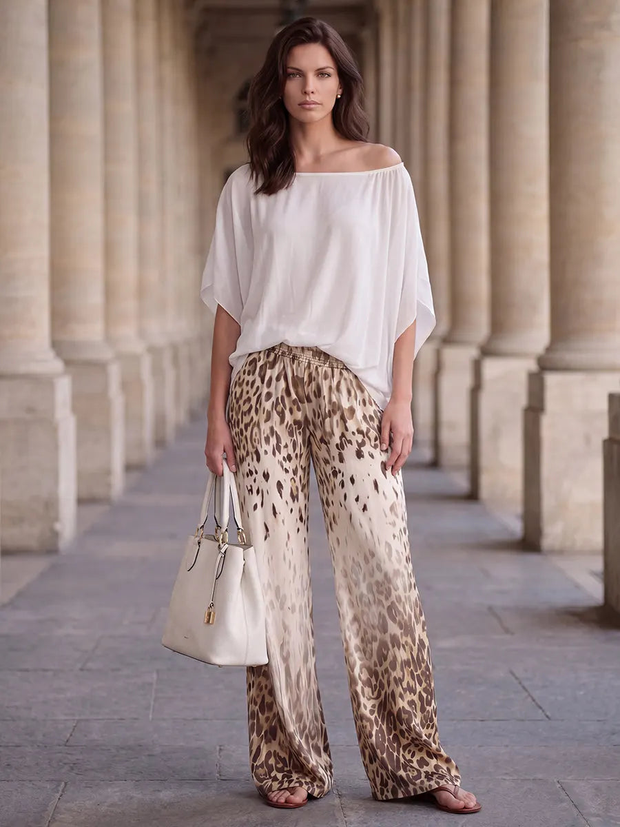 Loose Wide Leg Elasticity Gradient Leopard Pockets Trousers Wide Leg Pants