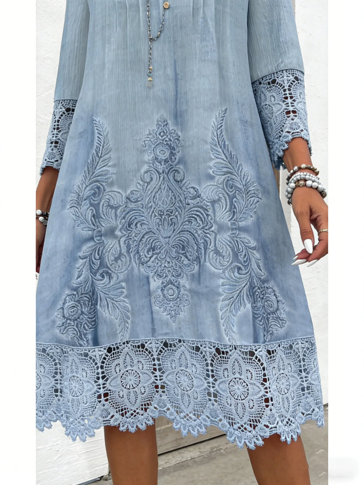 V-neck A-shaped Skirt Solid Color Lace Dress  Five-quarter Sleeve