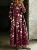 Women's Retro Floral Art Splicing Long-sleeved Loose-fitting Casual Denim Dress
