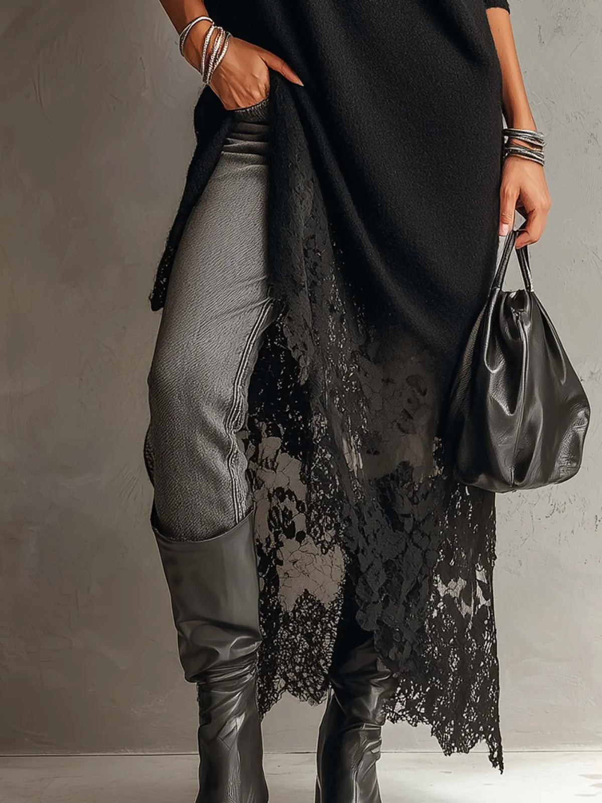 24-Hour-Shipping Black Loose Fit Mohair Knit Midi Dress With Lace Hem