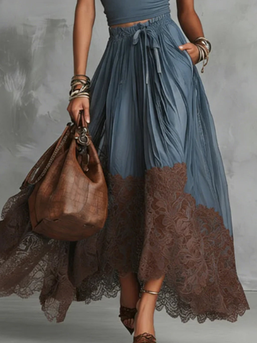 24-Hour-Shipping Brown Short Sleeve Shirt And Blue Lace-Trim Tulle Maxi Skirt Set