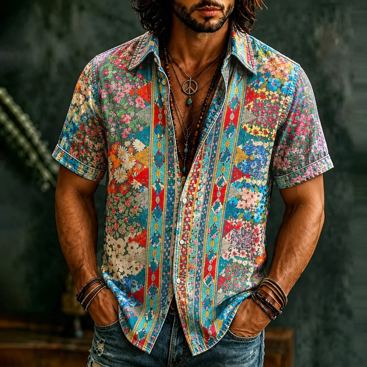 Men's Retro Hippie Ethnic Geometry With Floral Graffiti Art Pattern Casual Washed Shirt