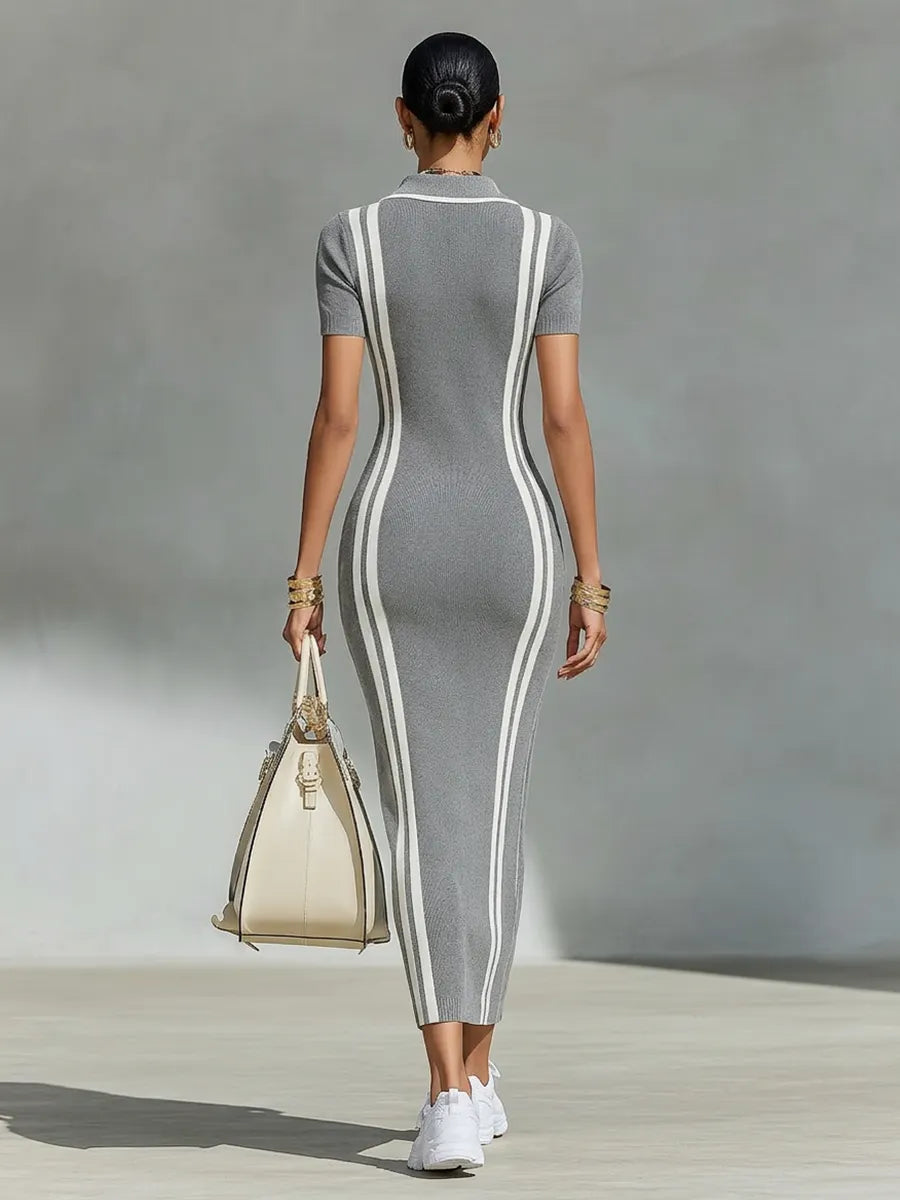 Women's Grey Stretchy Rib Knit Maxi Dress With Zip Polo Collar & Vertical Side Stripes, Chic Sporty Bodycon Pencil Dress MDZ2497F8LYL