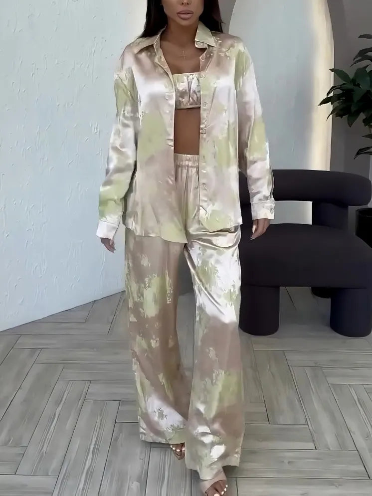 Exquisite Satin Gradient Print Wide-leg Pants