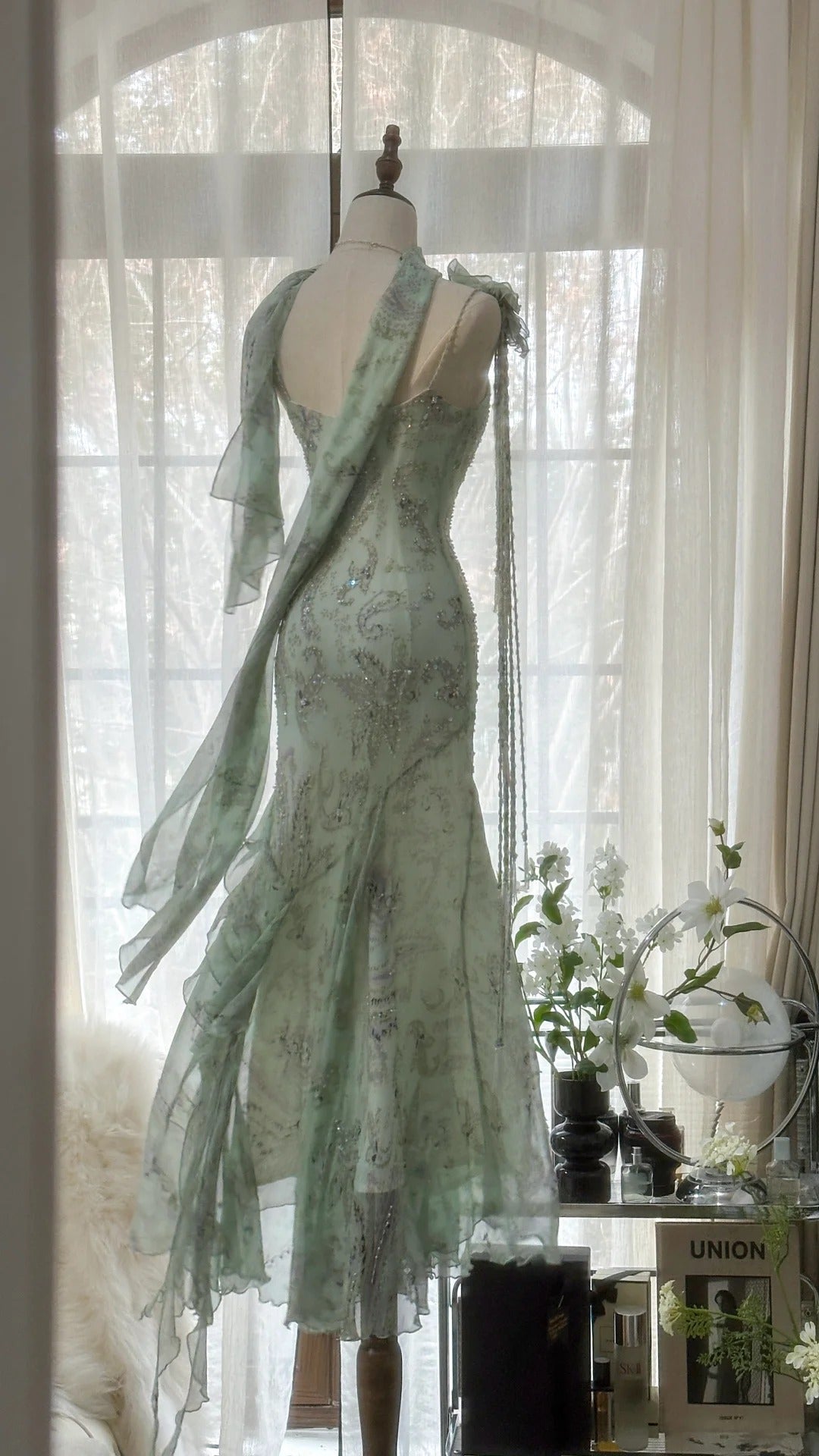 Mint Green Gorgeous Exquisite Beaded Long Chiffon Fairy Ball Gown Evening Dress Wedding Party Dress Prom Dress Graduation Date Dress