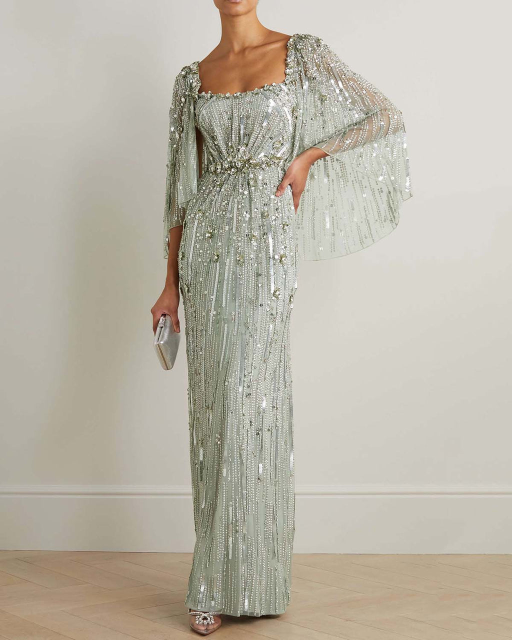 Cape-Effect Embellished Evening Gown