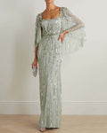 Cape-Effect Embellished Evening Gown