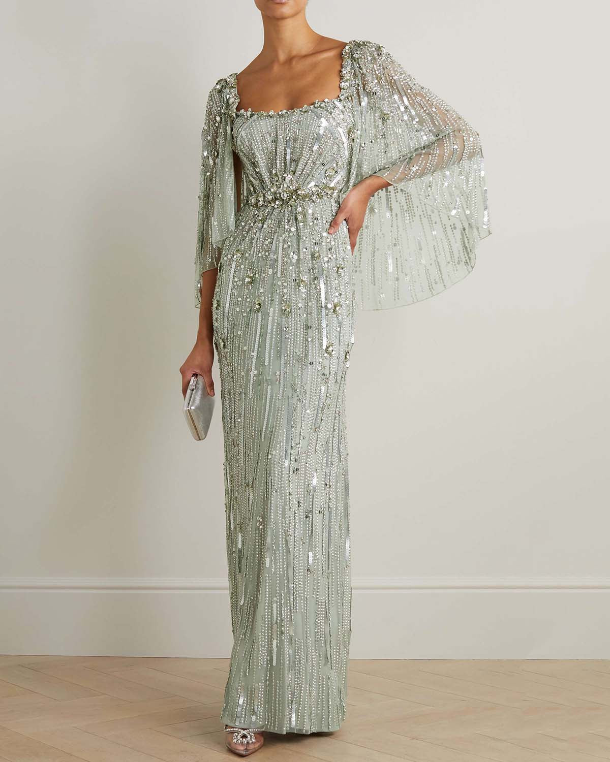 Cape-Effect Embellished Evening Gown