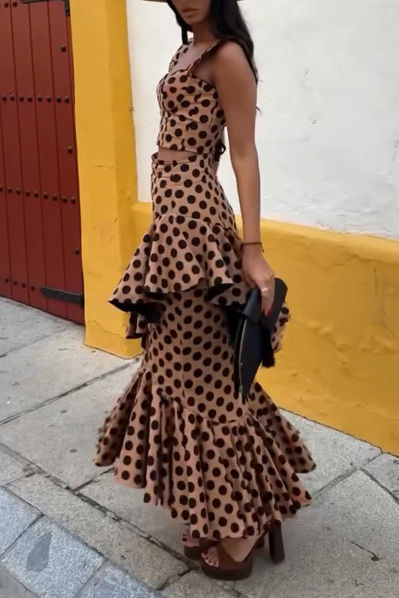 Women's Elegant Asymmetric Flounce Hem Polka Dot Skirt Set