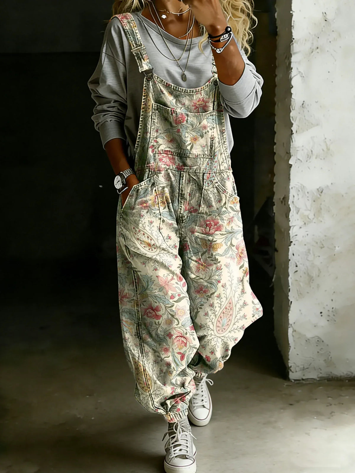 Women’s Vintage Abstract Paisley Floral Art Print Casual One Piece Denim Jumpsuit