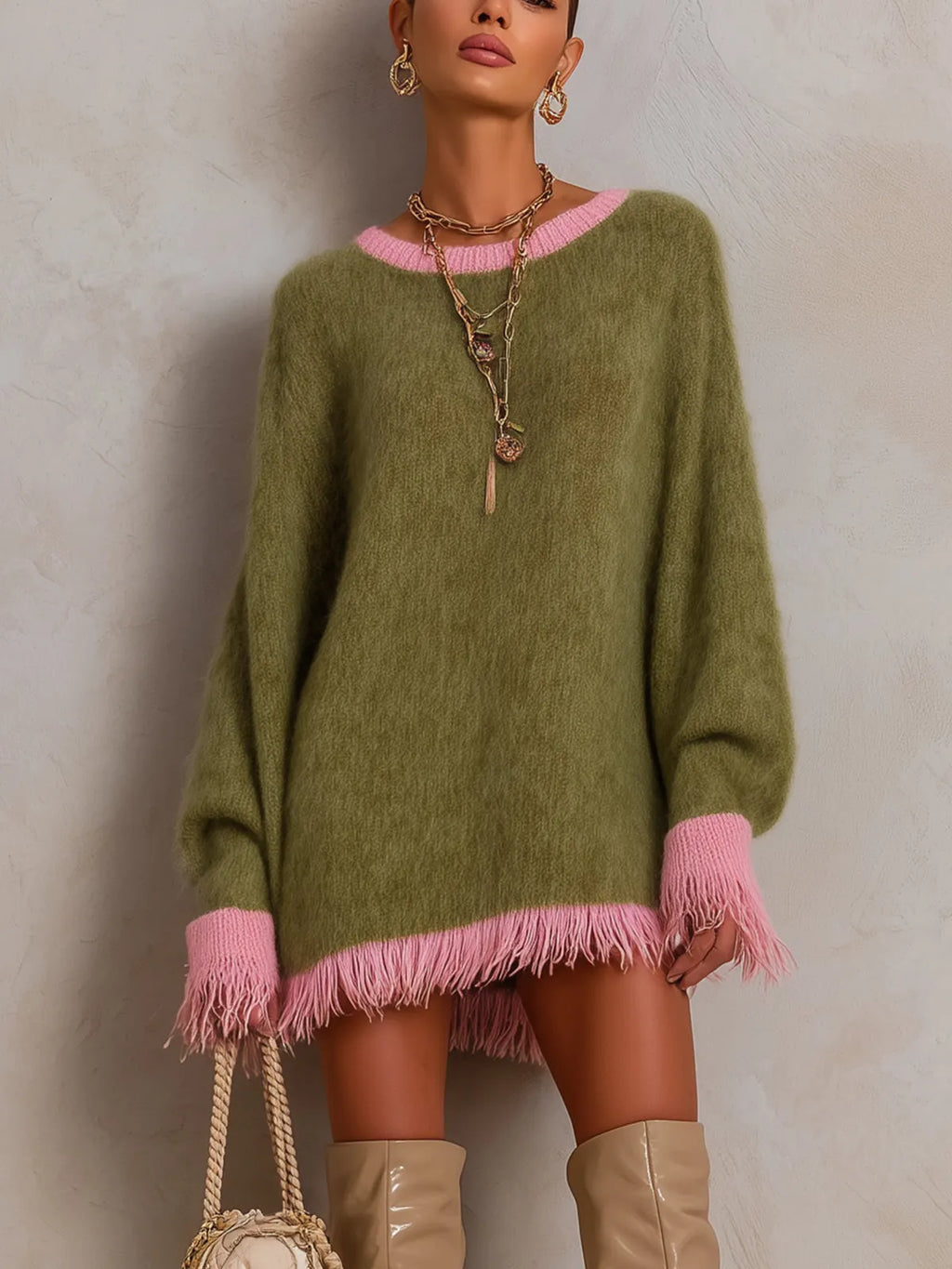 Olive Pink Fringe Trim Oversized Knit Mini Dress