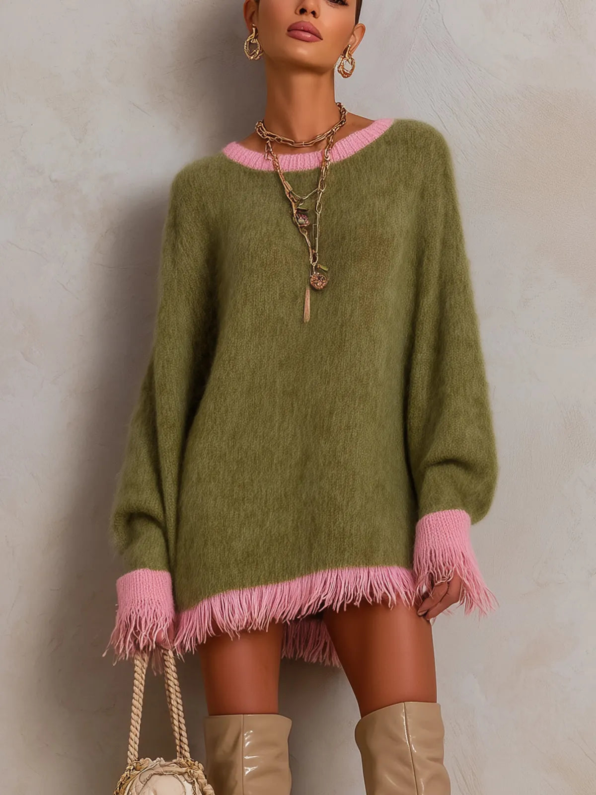 Olive Pink Fringe Trim Oversized Knit Mini Dress